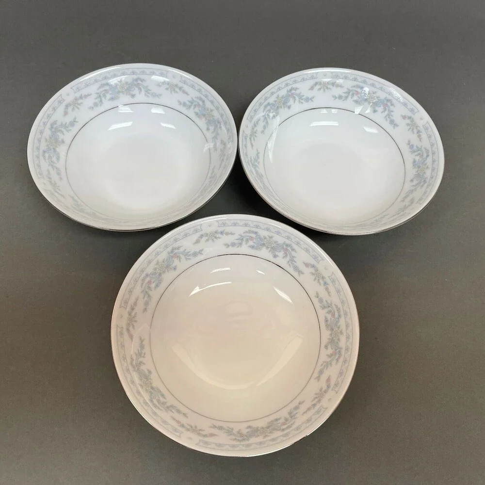 Somerset NL Excel Soup Cereal Bowl Floral‎ White Blue Platinum Trim Lot of 3